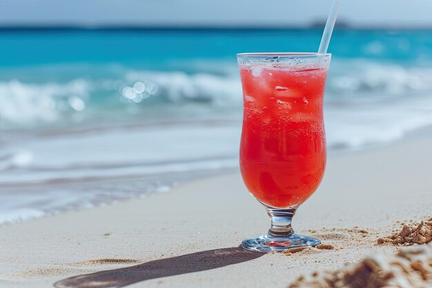 Zdjęcie letni napój z widokiem na plażę profesjonalna reklama fotografia żywności