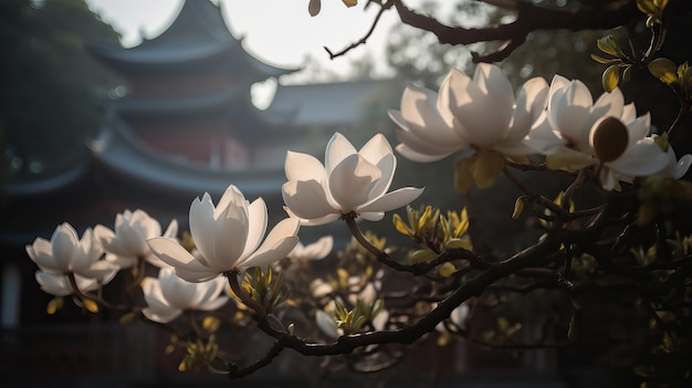 Letni poranek Drzewo magnolii Biała magnolia kwitnąca