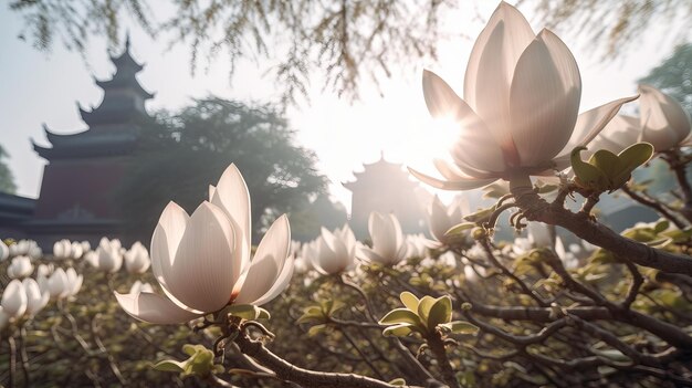 Letni poranek Drzewo magnolii Biała magnolia kwitnąca