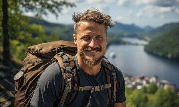 Zdjęcie letni portret uśmiechniętego brodatego mężczyzny z plecakiem na tle rzeki, gór i lasu patrząc na kamerę podczas wędrówki na świeżym powietrzu