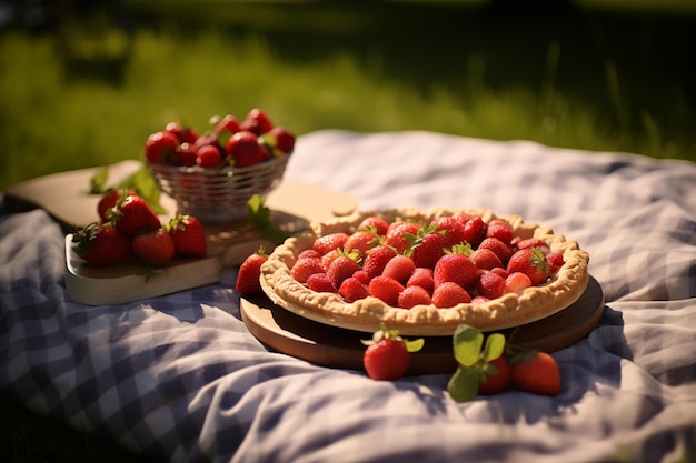 Zdjęcie letni romantyczny piknik w parku kosz z owocami na trawie pie jagody wino lato