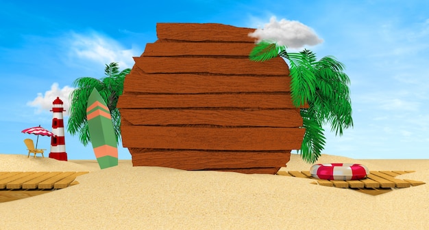 Letni sztandar festiwalu z elementami 3d plaży na niebieskim tle renderowania 3d
