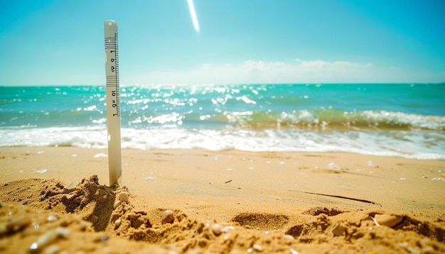 Letni termometr na plaży w gorący letni dzień