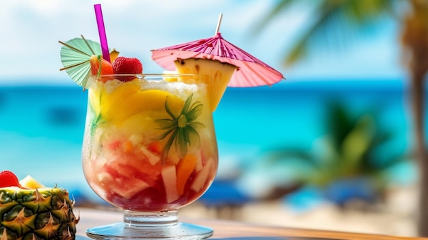 Letni tropikalny koktajl na stole na piaszczystej plaży z żywymi parasolami i dodatkami owocowymixA
