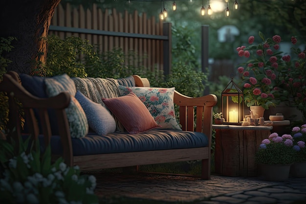 Letni wieczorny wypoczynek w ogrodzie na drewnianej kanapie w przytulnym podwórku