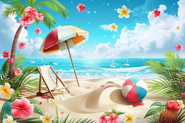 Letnia ilustracja wektorowa stos piasku drzewa kokosowe plaża parasol plażowy krzesło piłka plażowa na tle chmur i piaszczystej plaży