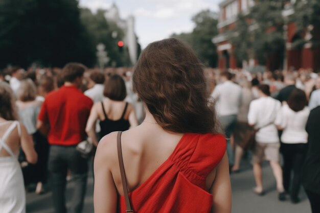Zdjęcie letnia izolacja w środku tętniącej życiem sceny miejskiej samotna kobieta znajduje się sama na ruchliwej ulicy, zagubiona w myślach, podczas gdy świat biegnie obok.