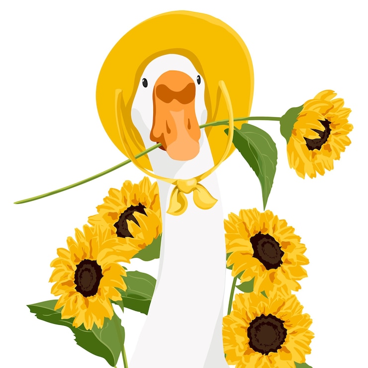 Zdjęcie letnia kaczka png ilustracja słonecznika i kapelusza naklejka przezroczyste tło