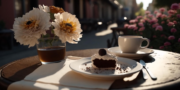 letnia kawiarnia uliczna, dekoracja kwiatów w rzędzie, filiżanka kawy i ciasta, sylwetki ludzi