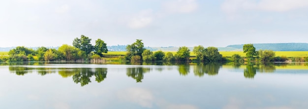 Letnia Panorama Krajobrazu Z Rzeką I Drzewami Odbitymi W Wodzie Rzeki