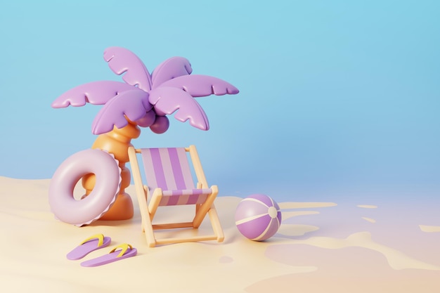 Letnia plaża tematyczna w słoneczny dzień wakacji z leżakiem i letnimi elementami ilustracja 3D