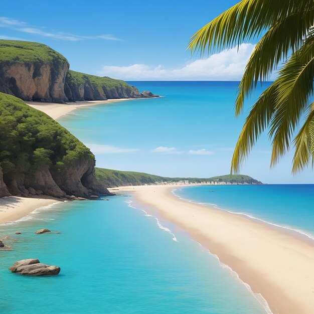 Letnia plaża w słoneczny dzień z niebieskim niebem i niebieskim oceanem generowanym przez sztuczną inteligencję