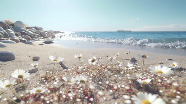 Letnia plaża z kwiatami na kolorowym tle Kolorowa koncepcja lata Tło podróży Letni nadruk Białe i niebieskie tło Letni projekt Wiosna botaniczny webbanner