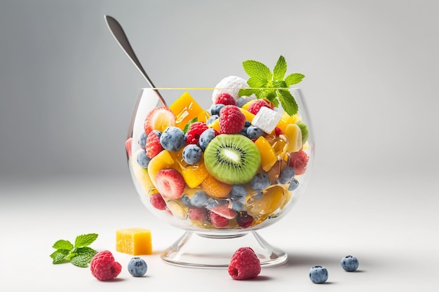 Letnia sałatka z owoców i jagód w szklanej misce Generative AI