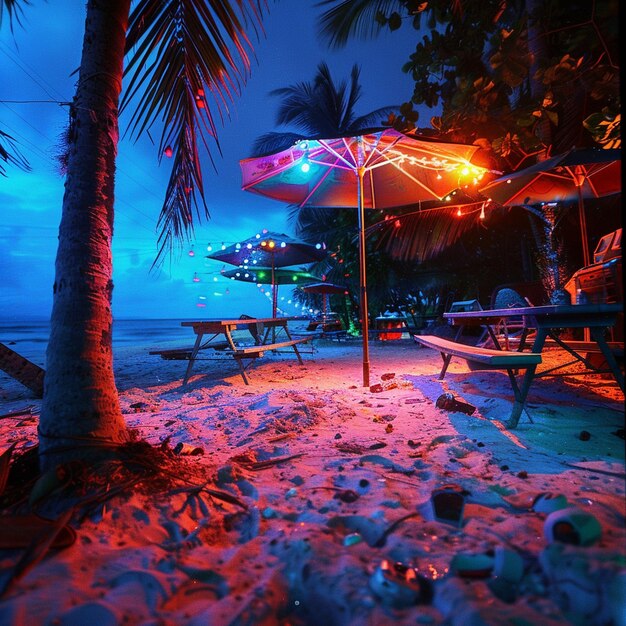Letnia scena na plaży z stołem i parasolem z palmą w tle