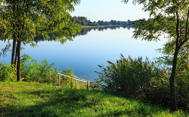 Letnia Spokojna Plaża Nad Jeziorem Z Drewnem Stromym Do Wody?