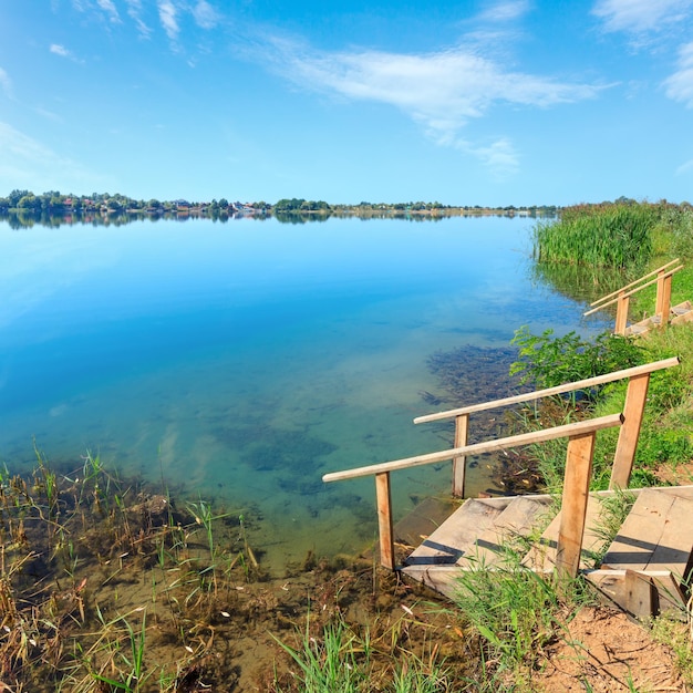 Letnia spokojna plaża nad jeziorem z drewnem stromym do wody?