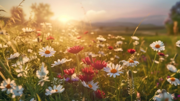 Letnia tapeta Polne kwiaty oświetlone wieczornym słońcem