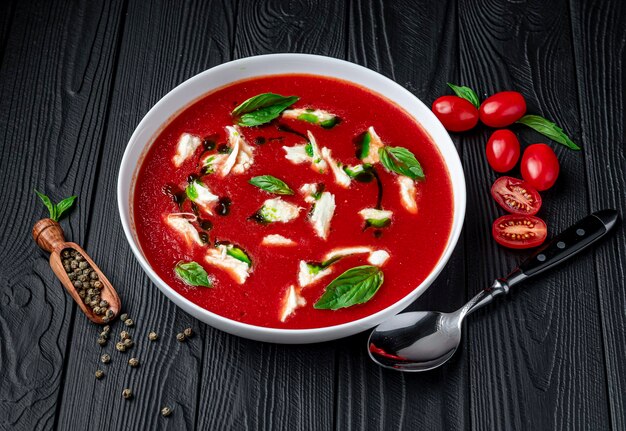 Zdjęcie letnia zimna zupa warzywna z pomidorów gazpacho z serem mozzarella na czarnym stole kuchnia wegetariańska koncepcja zdrowego odżywiania