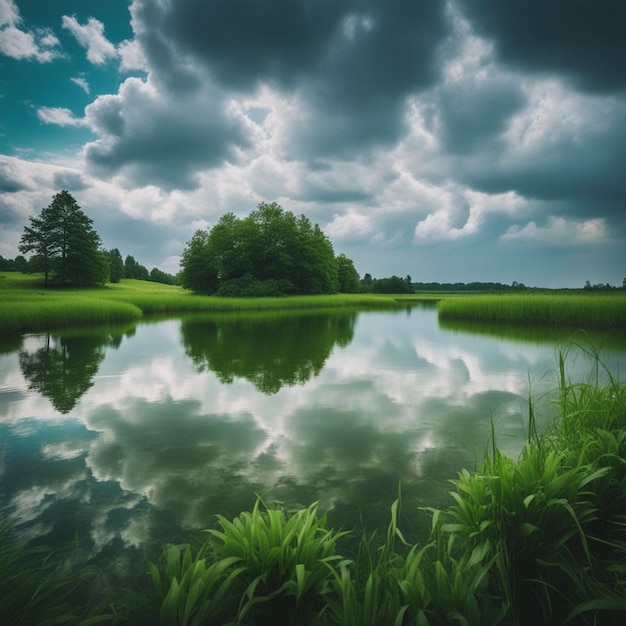Letnie jezioro na zielonym krajobrazie przyrody z pięknym tłem sceny