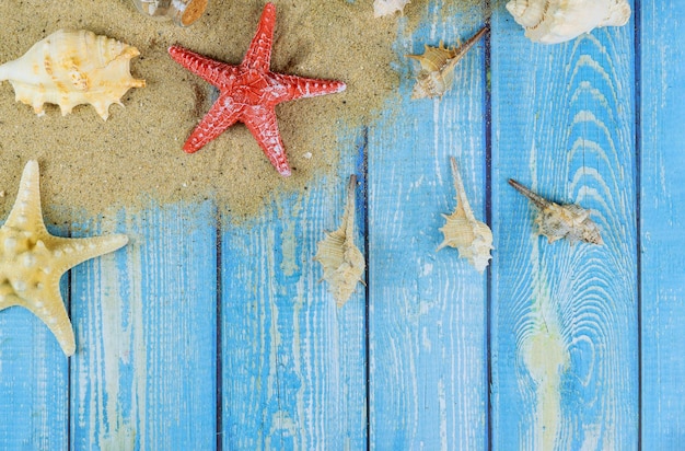 Letnie wakacje stare niebieskie drewniane deski z skorupami gwiazd morskich na piasku na plaży