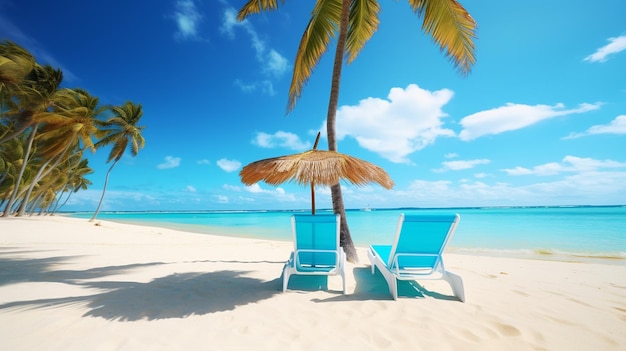 Letnie wakacje w Republice Dominikańskiej Leżaki na plaży na białych piaskach niebieskiego Karaibów