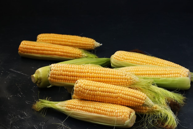 Letnie zbiory kukurydzy, Świeża kukurydza na kolbach znajduje się na ciemnej powierzchni w losowej kolejności