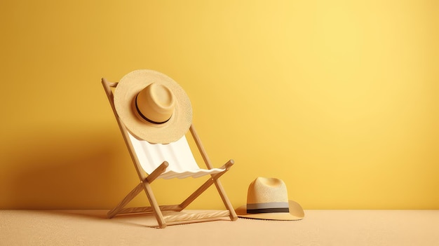 Letnie żółte tło z pustym krzesłem i kapeluszem plaża szeroka przestrzeń