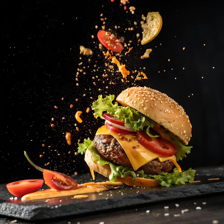 Zdjęcie levitacja burgera na czarnym tle