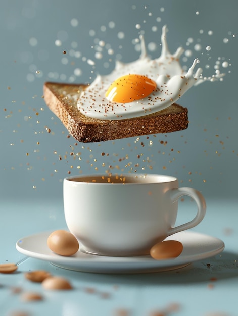 Levitujący zestaw śniadaniowy z toastem kawy i jajkiem w stylu komercyjnym 3D