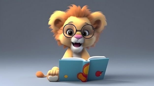 Lew kreskówka czyta książkę.