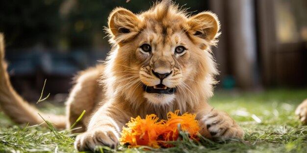 lew leżący na trawie z kwiatkiem w pysku