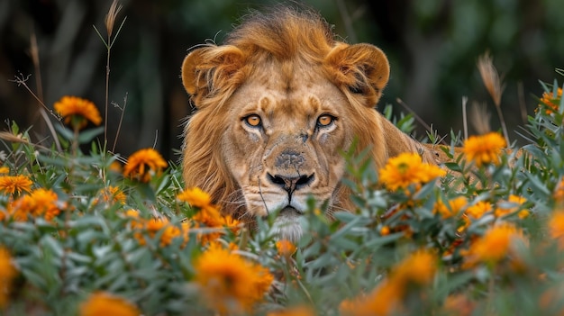 Zdjęcie lew odpoczywający na polu kwiatowym
