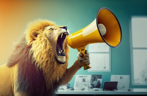 Lew trzyma żółty megafon z otwartymi ustami Generacyjna sztuczna inteligencja