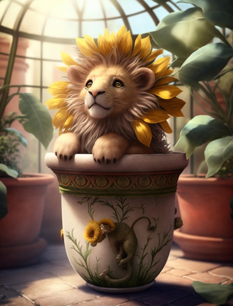 Lew w doniczce z kwiatami