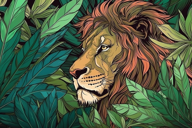 Lew w dżungli Niesamowity wzór tropikalnej fauny Ai generatywny