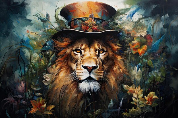 Lew w kapeluszu akruliczna farba olejowa Król zwierząt w garniturze Koncepcja dzikiej przyrody