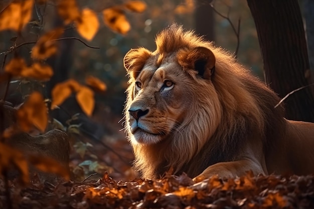 Lew w lesie z jesiennymi liśćmi na tle