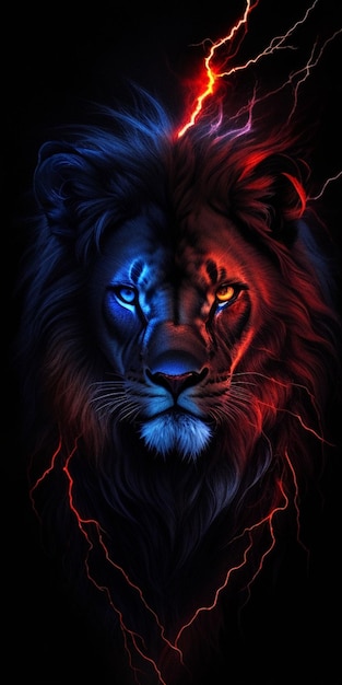 Lew z niebieskimi i czerwonymi światłami na twarzy