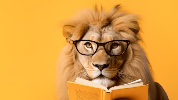 Zdjęcie lew z okularami czyta książkę na pomarańczowym tle z przestrzenią dla tekstu