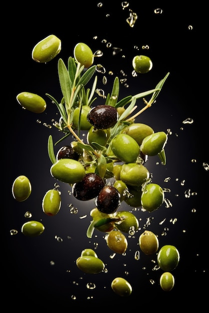 Lewitacja czarnych i zielonych oliwek w powietrzu na ciemnym tle