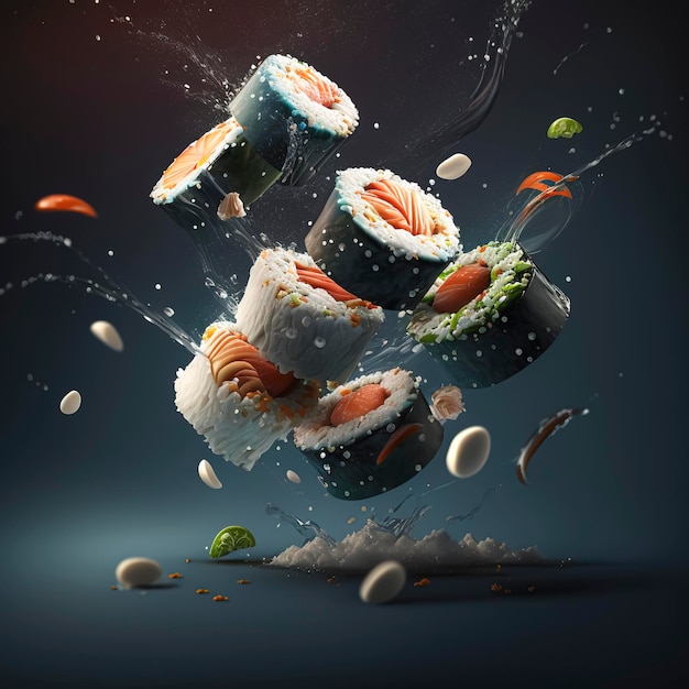 Zdjęcie lewitująca rozkosz sushi stworzona przy użyciu technologii generatywnej sztucznej inteligencji