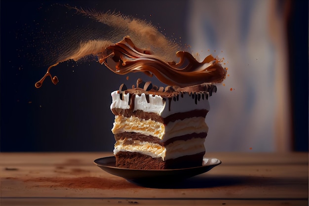 Lewitujące ciasto tiramisu z kakaowym proszkiem latającym AI