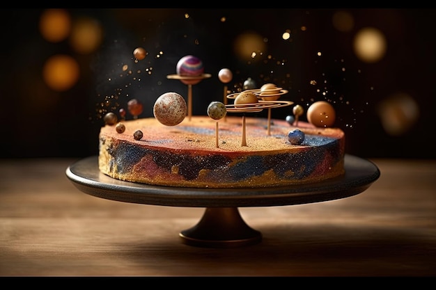 Lewitujący z planetami urodzinowy tort ilustracyjny generatywny ai
