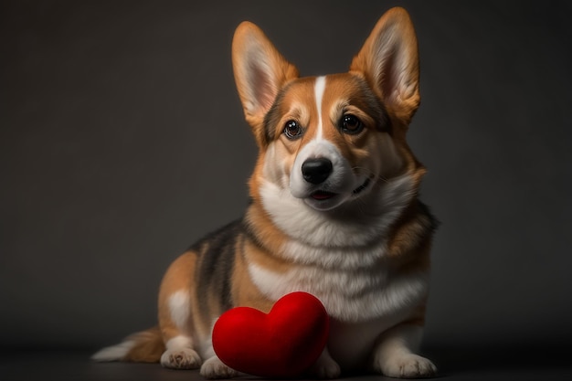Leżący walijski pies corgi z zabawką w kształcie czerwonego serca Koncepcja Walentynek Generacyjna sztuczna inteligencja