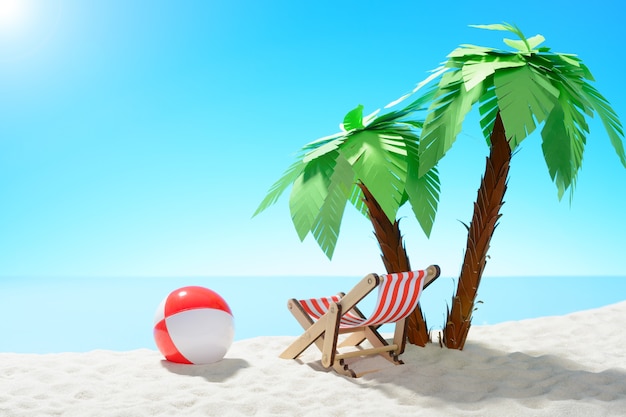 Leżak i piłka plażowa pod palmą na piaszczystym wybrzeżu