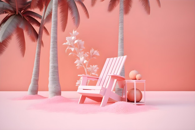 Leżak plażowy pod palmami na różowym tle miejsca kopiowania Generative AI 1