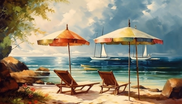 Leżaki i domy wakacyjne z parasolami na plaży Projekty artystyczne, które przywołują poczucie nostalgii