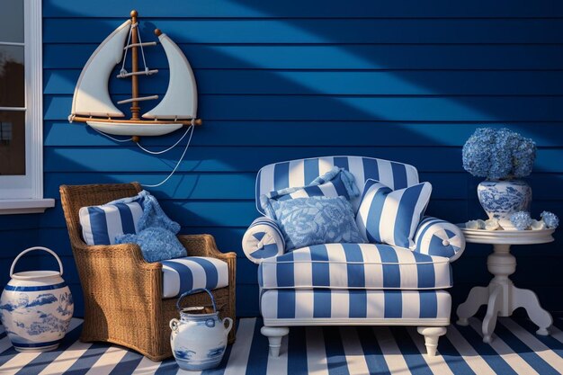 Leżaki w niebiesko-białe paski z łódką na boku.
