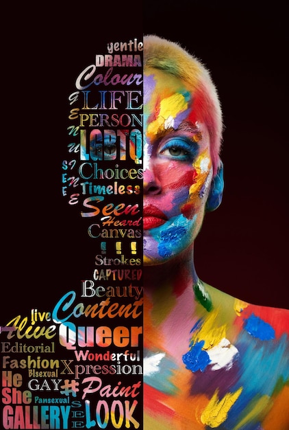 LGBTQ gej i portret kobiety z farbą na ciele wyizolowanym na czarnym tle Miłość do wolności i modelka z tęczowym malowaniem do świętowania wyrażenia dumy i wyboru na tle